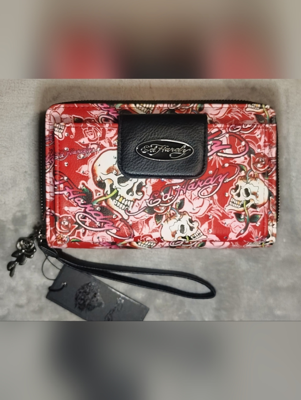 Ed Hardy "Love Kills Slowly" Zip Around Wallet Wristlet- Red/Black Skulls & Rose
